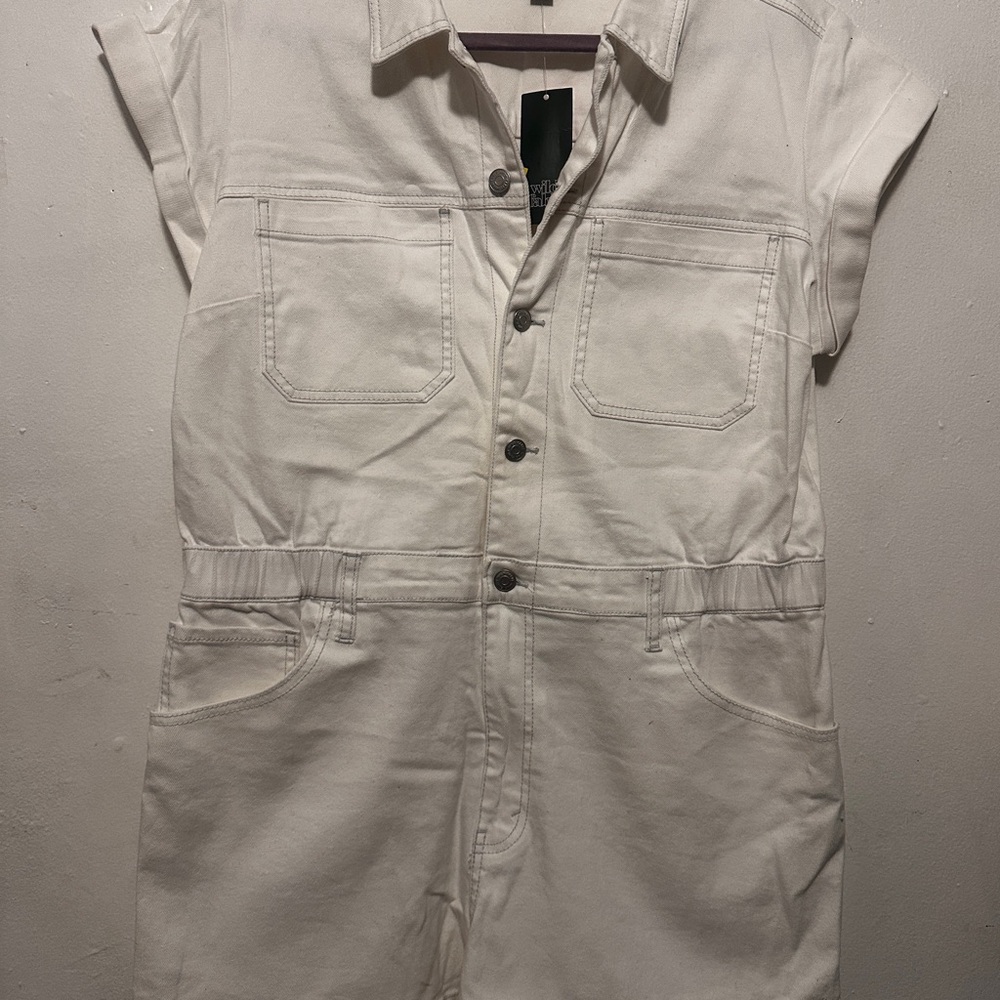 White Denim Button-Up Jumpsuit